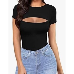 Black‎ Bodysuit Cutout Short Sleeve Top Casual Everyday Basic Size Unknown